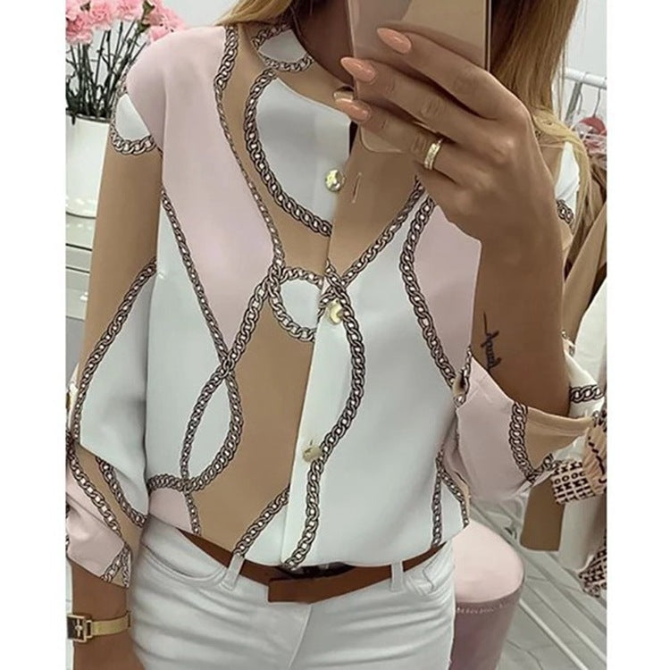 Ladies Printed Lapel long sleeve shirt