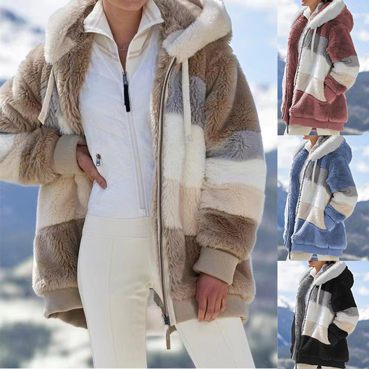 Ladies autumn and winter loose plush multi-color hooded coat
