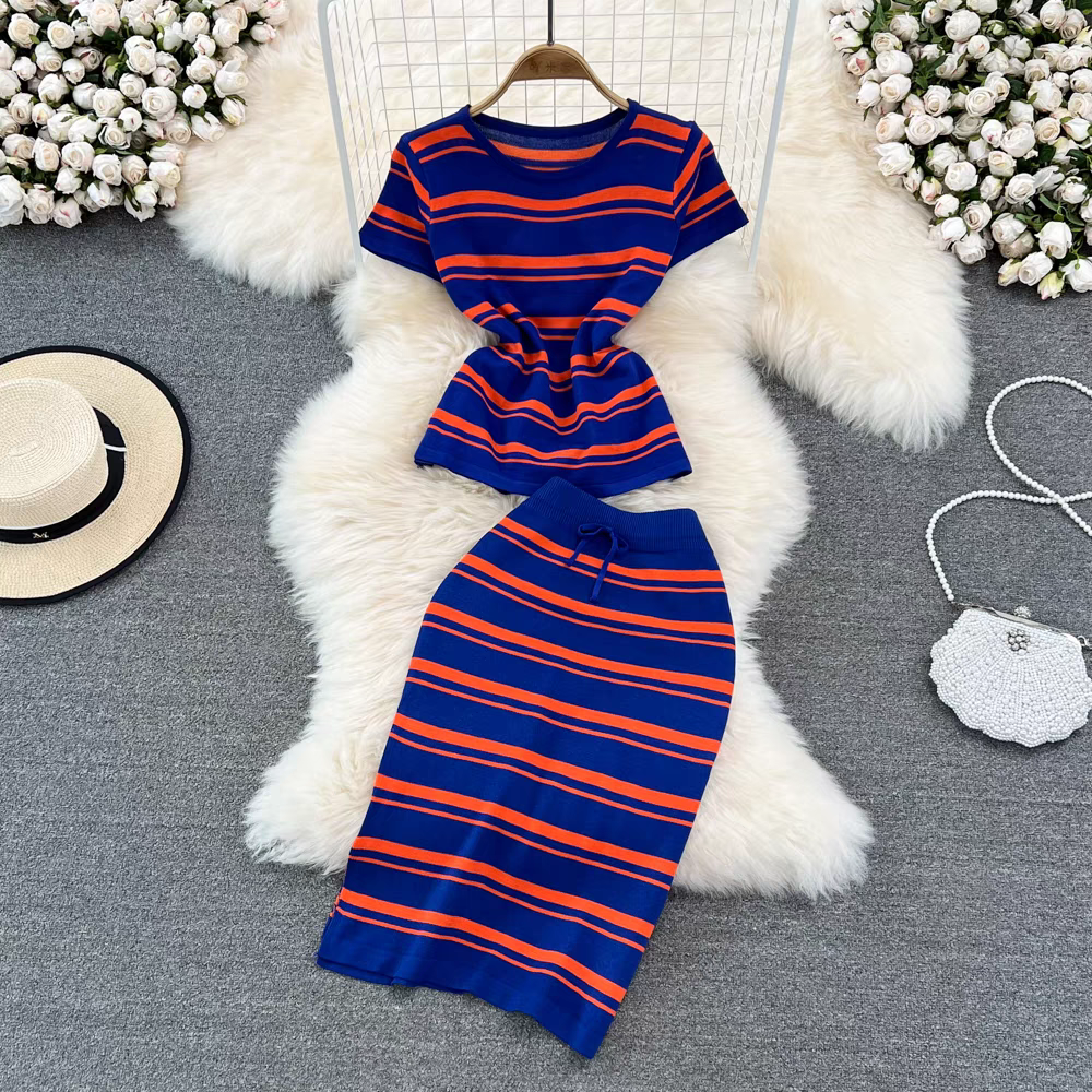 Knitted Striped Dress Fashion Casual Two-piece