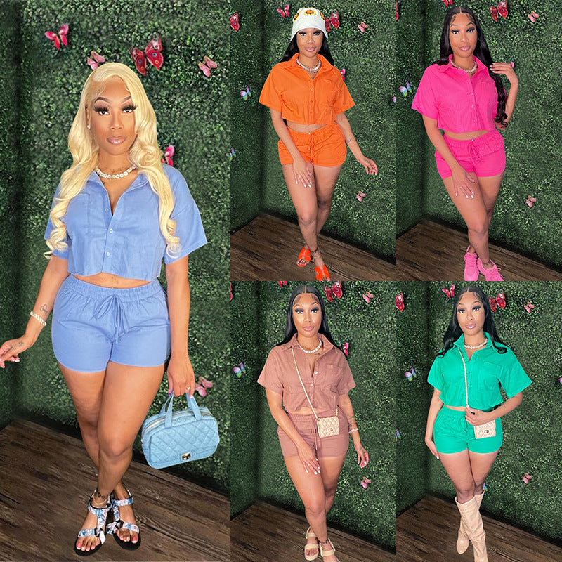 Women's short-sleeved shirt set rubber pocket shorts two-piece
