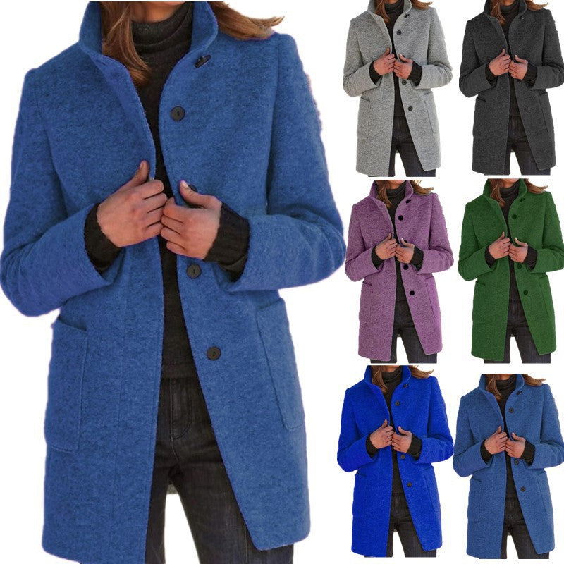 Women's button stand collar tweed coat