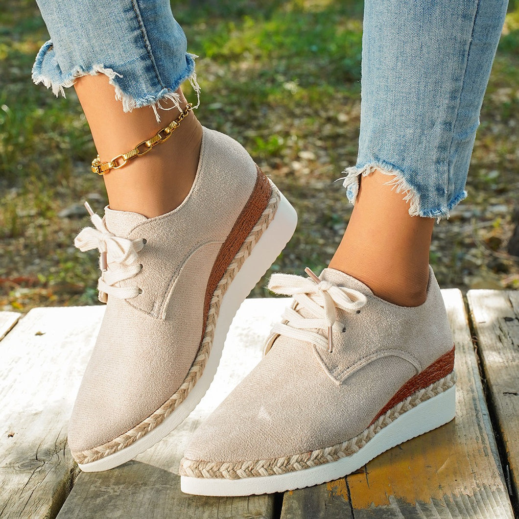 Women thick-soled wedge lace-up mid-heel loafers