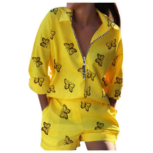Load image into Gallery viewer, Printed Zipper Long Sleeve Top Shorts Two-piece Set
