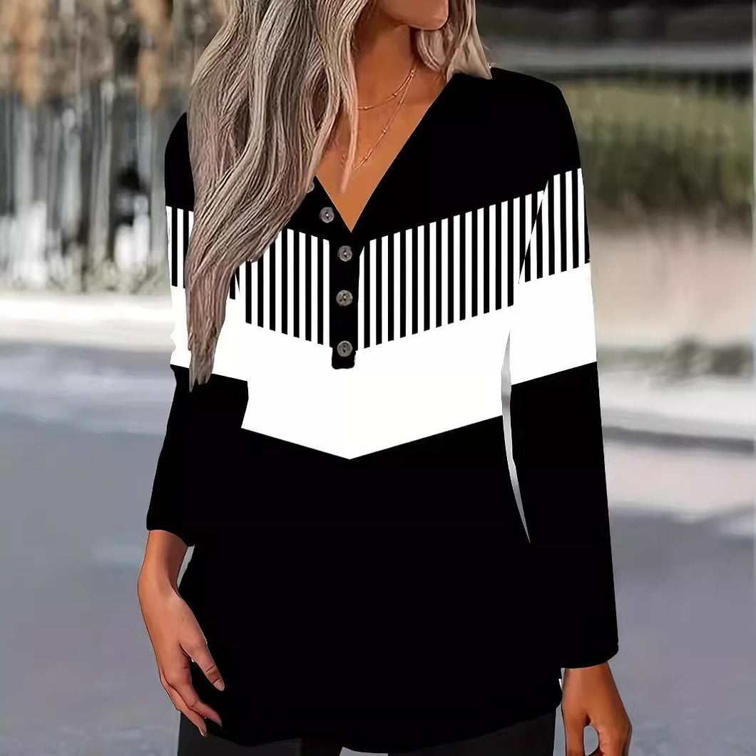 Ladies Printed V-neck T-shirt Casual Long Sleeve Top