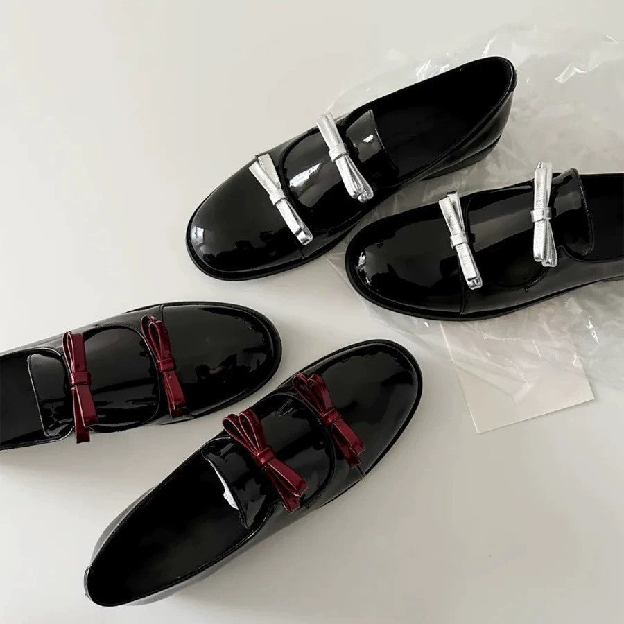 Vintage Genuine Leather Double Bow Small Leather Shoes