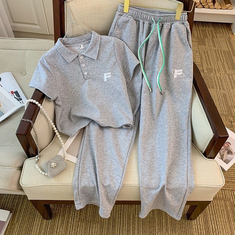 Women's Summer Polo Collar Short-sleeved Short Top Wide-leg Trousers Chanel Style Two-piece Set